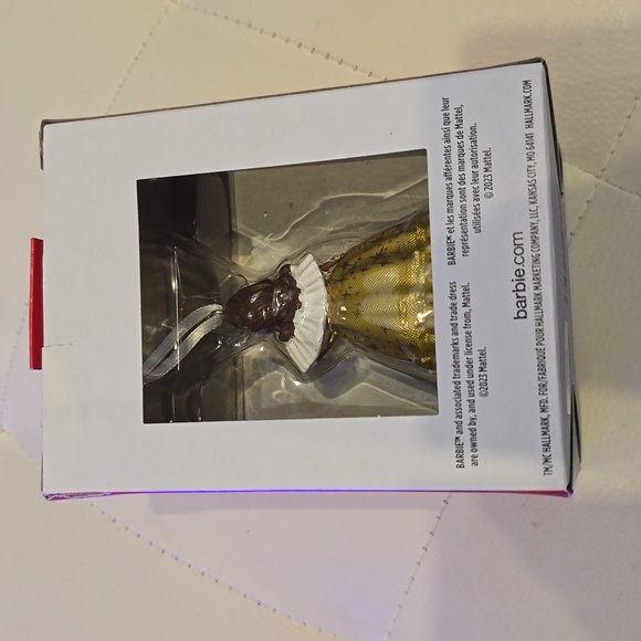 2023 Christmas barbie holiday hallmark Ornament New Gold Dress White Cape Black - Picture 3 of 5